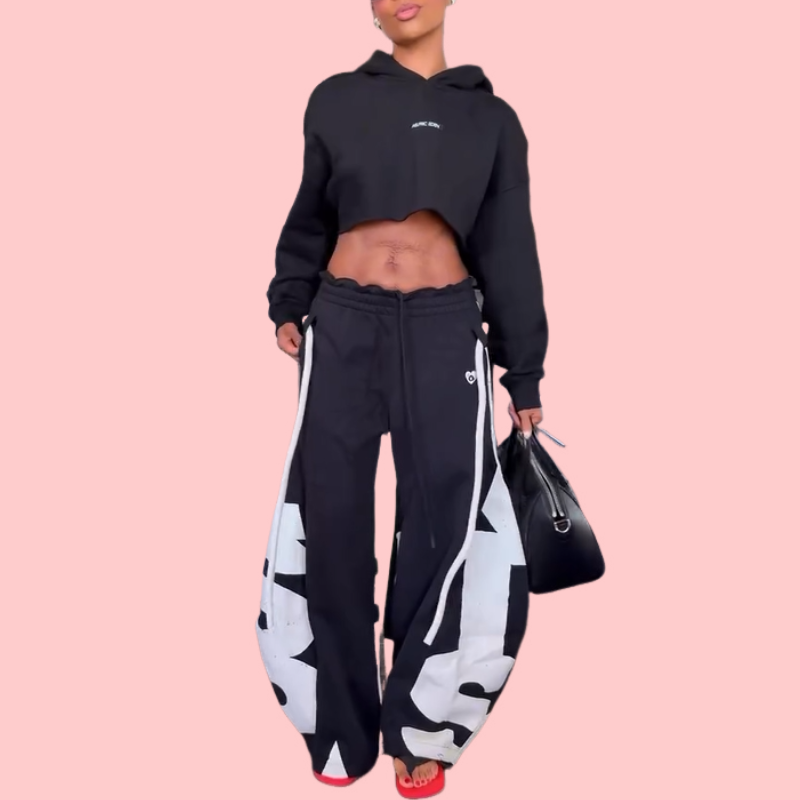 Black Cropped Hoodie & Wide-Leg Drawstring Pants Set