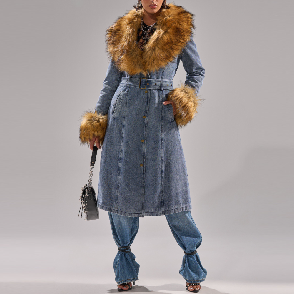 FUR TRIM DENIM TRENCH