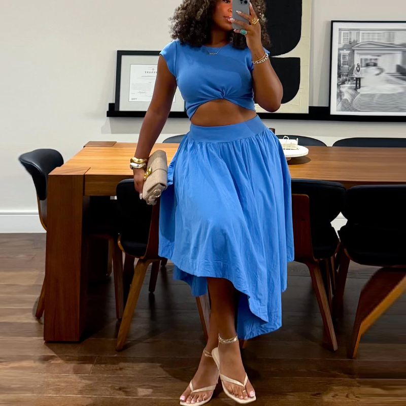Blue Short-Sleeve Top & Pleated Skirt Set