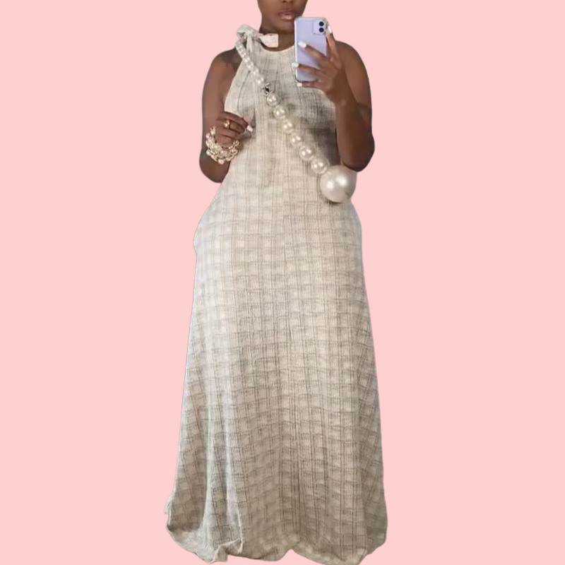 White Sleeveless Plaid Maxi Dress