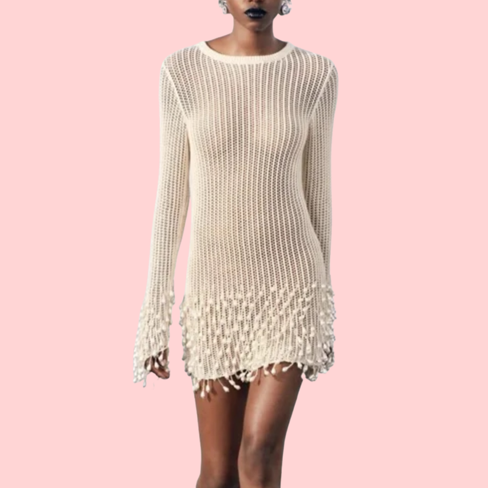 Pearl-Tassel Knit Mini Dress