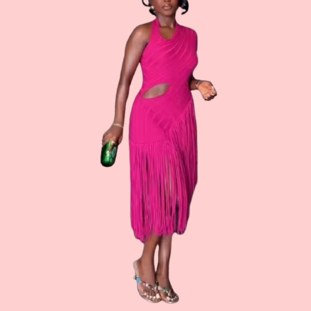 One-Shoulder Cutout Fringe Dress