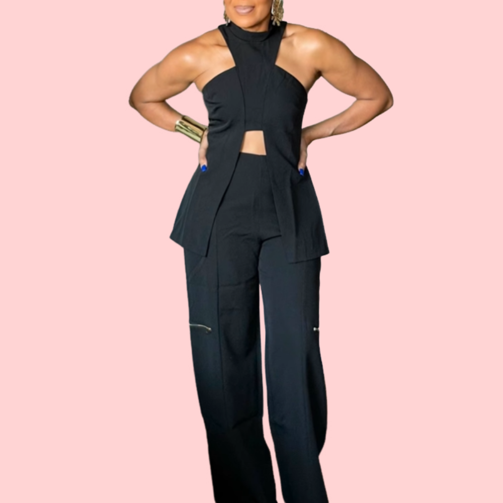 Sleeveless Sexy Top & Zipper Wide-Leg Pants Set