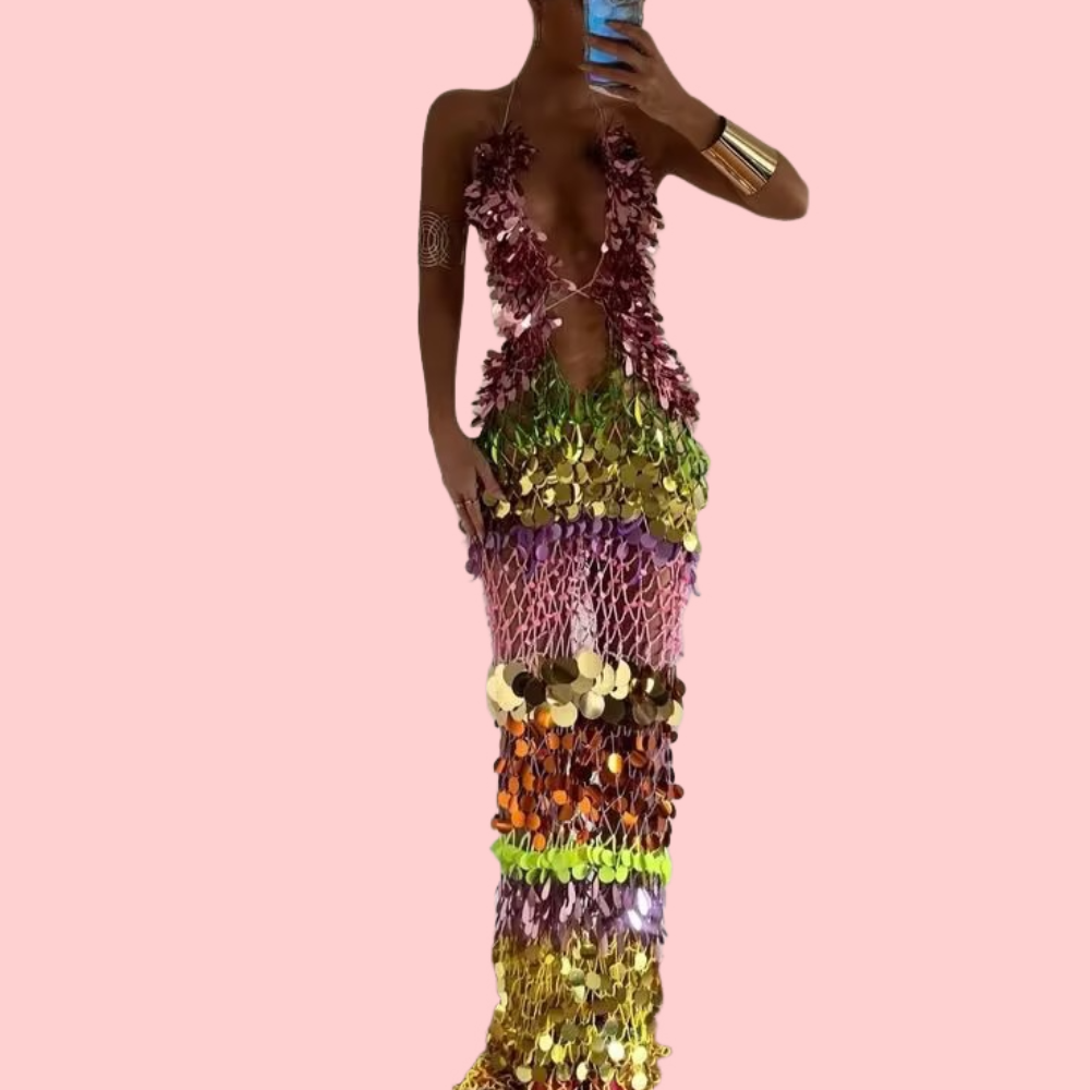 Colorful Sequin Lace-Up Maxi Dress