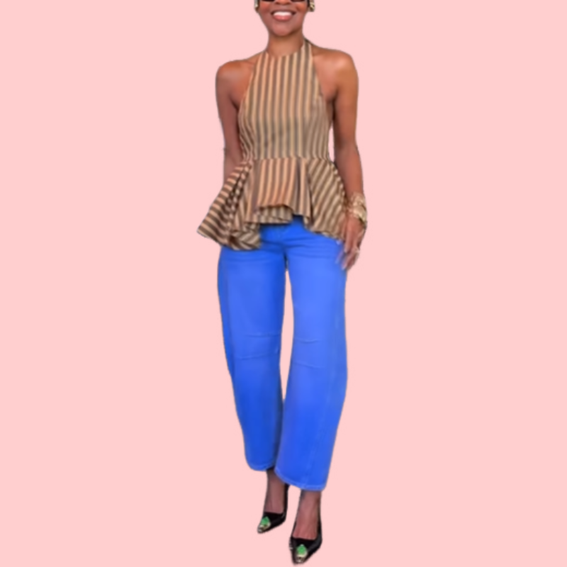 Brown Sleeveless Striped Top & Blue Washed Pants Set