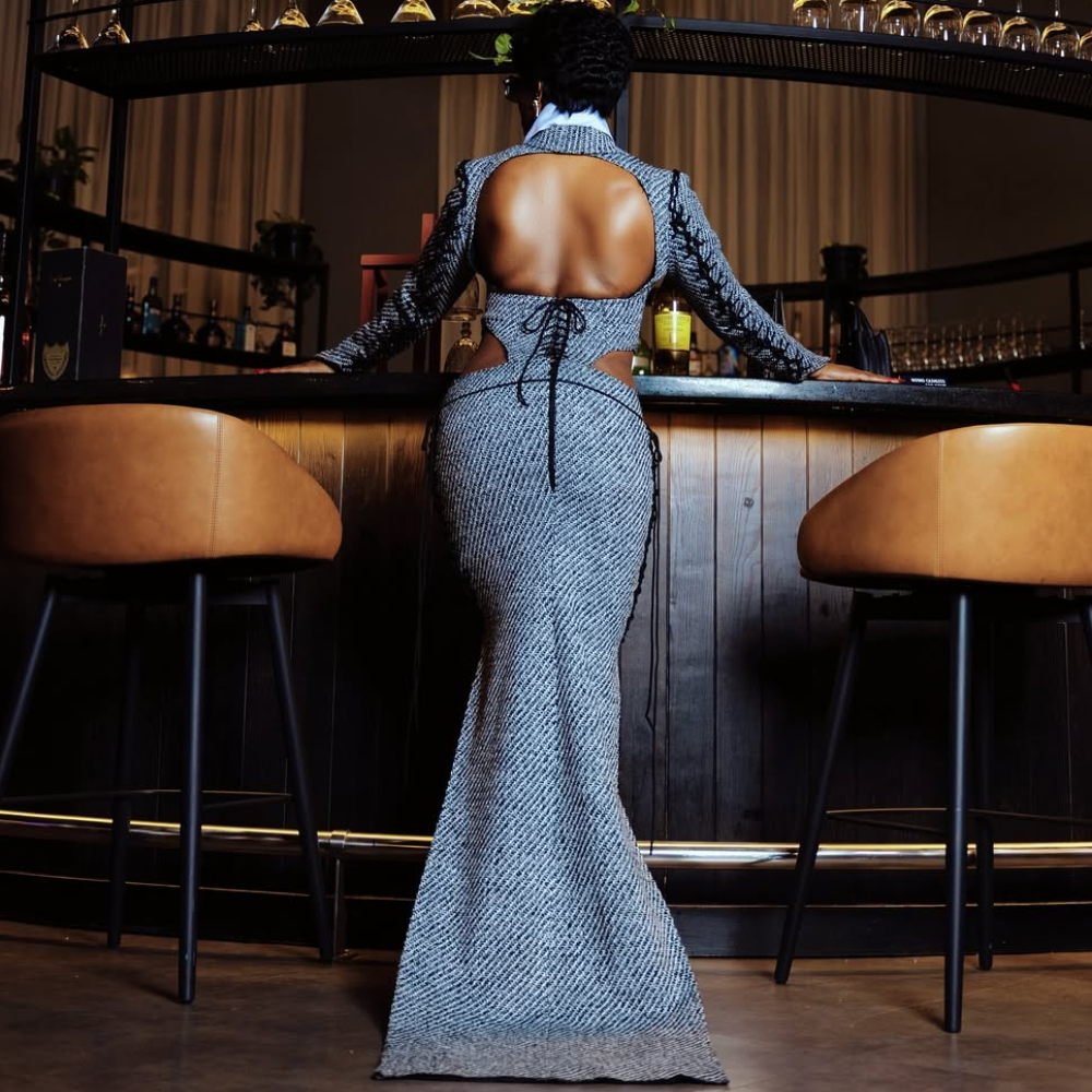 Gray Backless Embroidered Maxi Dress