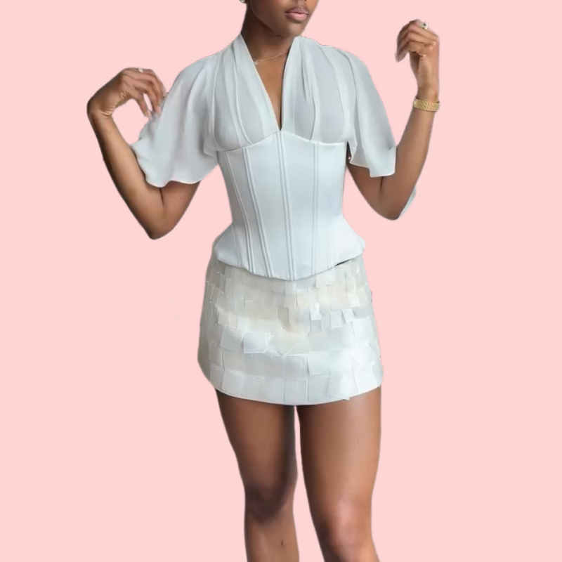 White V-Neck Short-Sleeve Top & Sequined Skirt Set