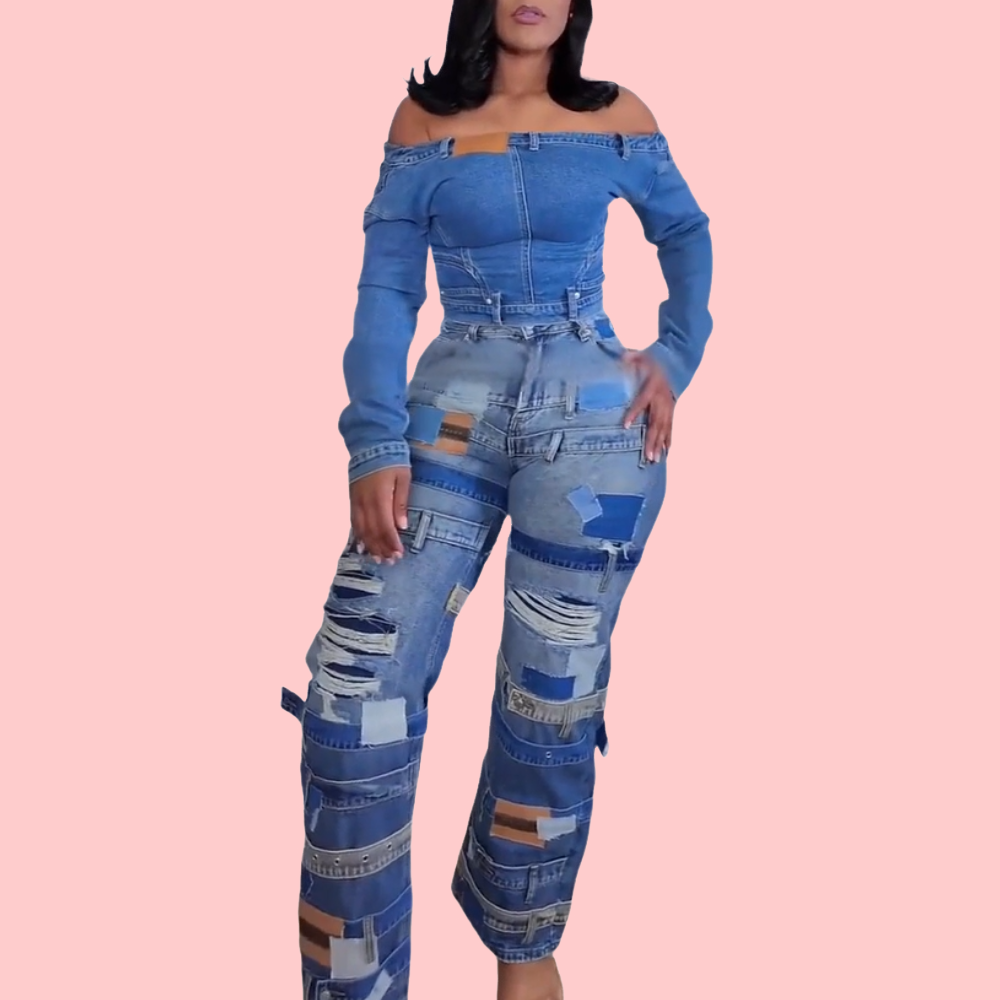 Denim Off-Shoulder Long-Sleeve Blouse & Patchwork Distressed Jeans Set