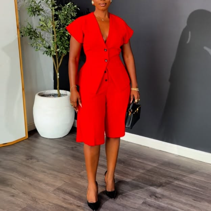 Red V-Neck Short-Sleeve Button-Up Top & Shorts Set