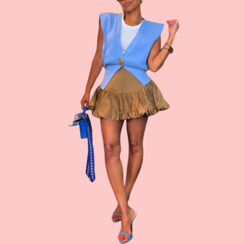 Sleeveless V-Neck Knit Top & Pleated Skirt Set