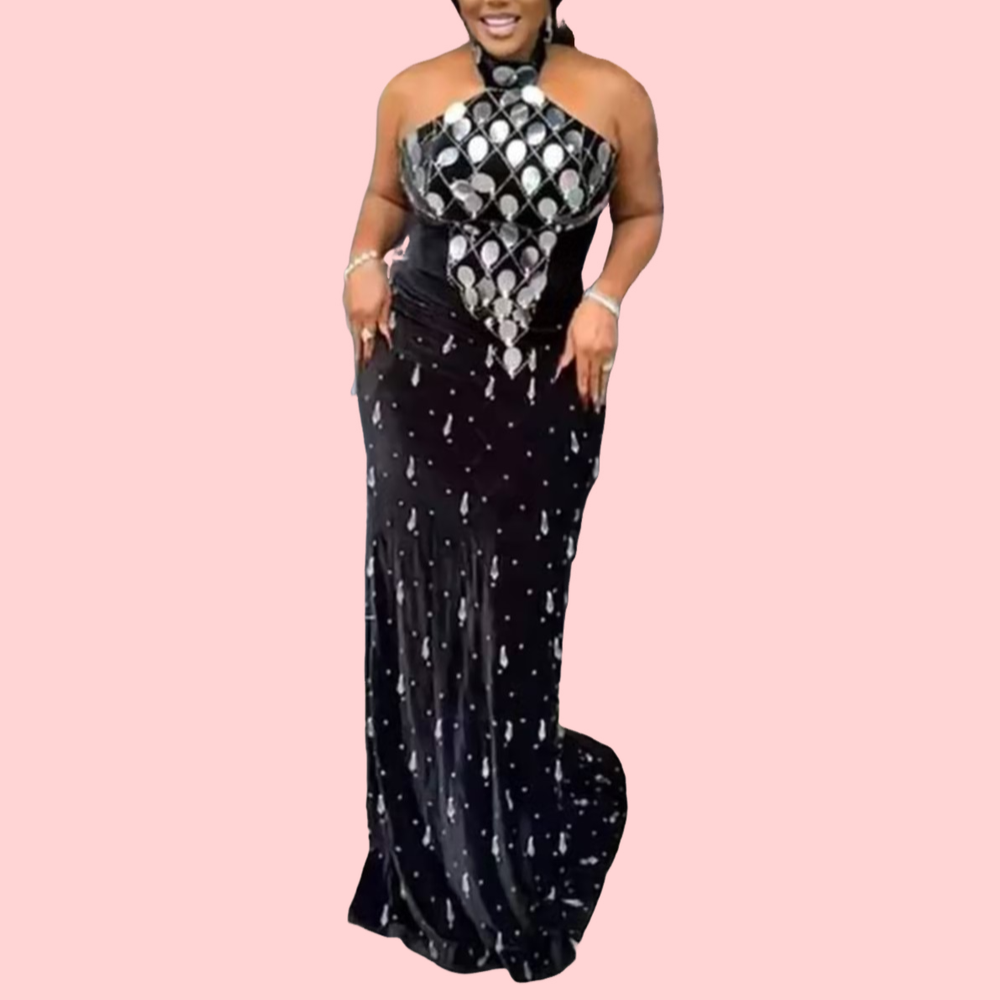 Black Elegant Sequin Halter-Neck Maxi Dress