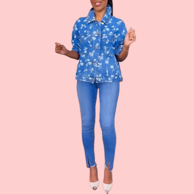 Blue Denim Floral Print Jacket