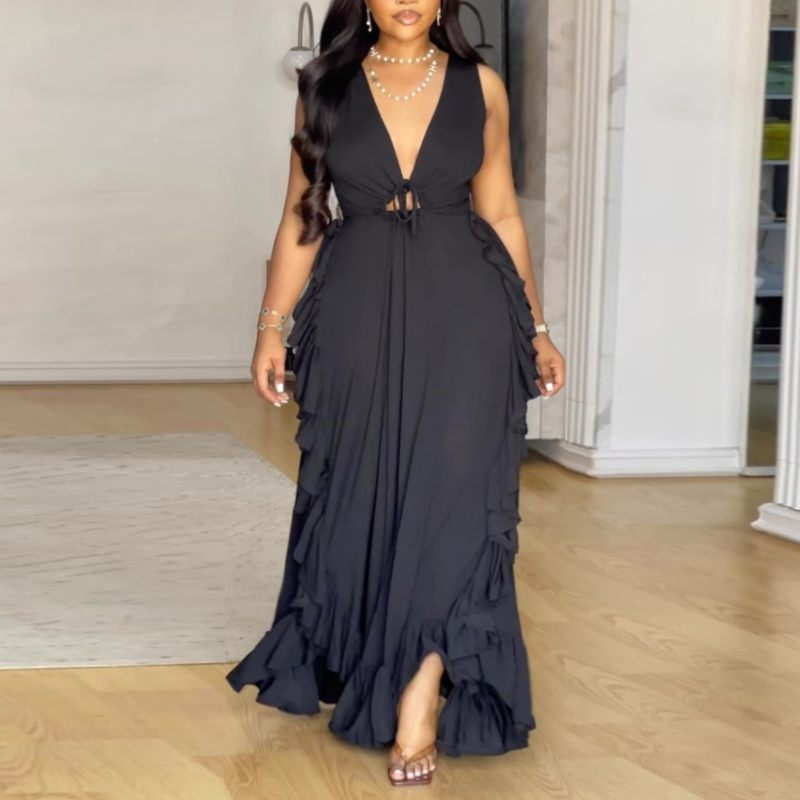 Black V-Neck Ruffled Maxi Dress