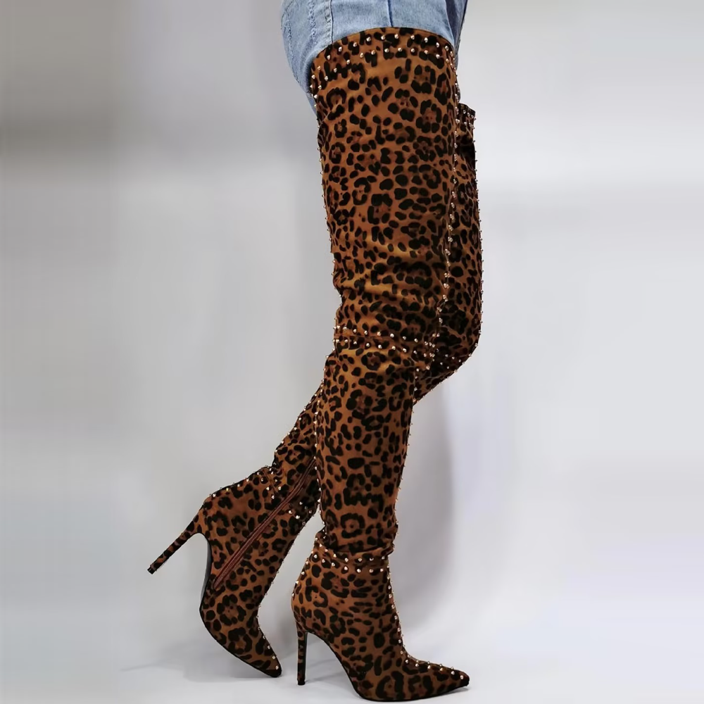 Leopard Print Studded Knee-High Boots