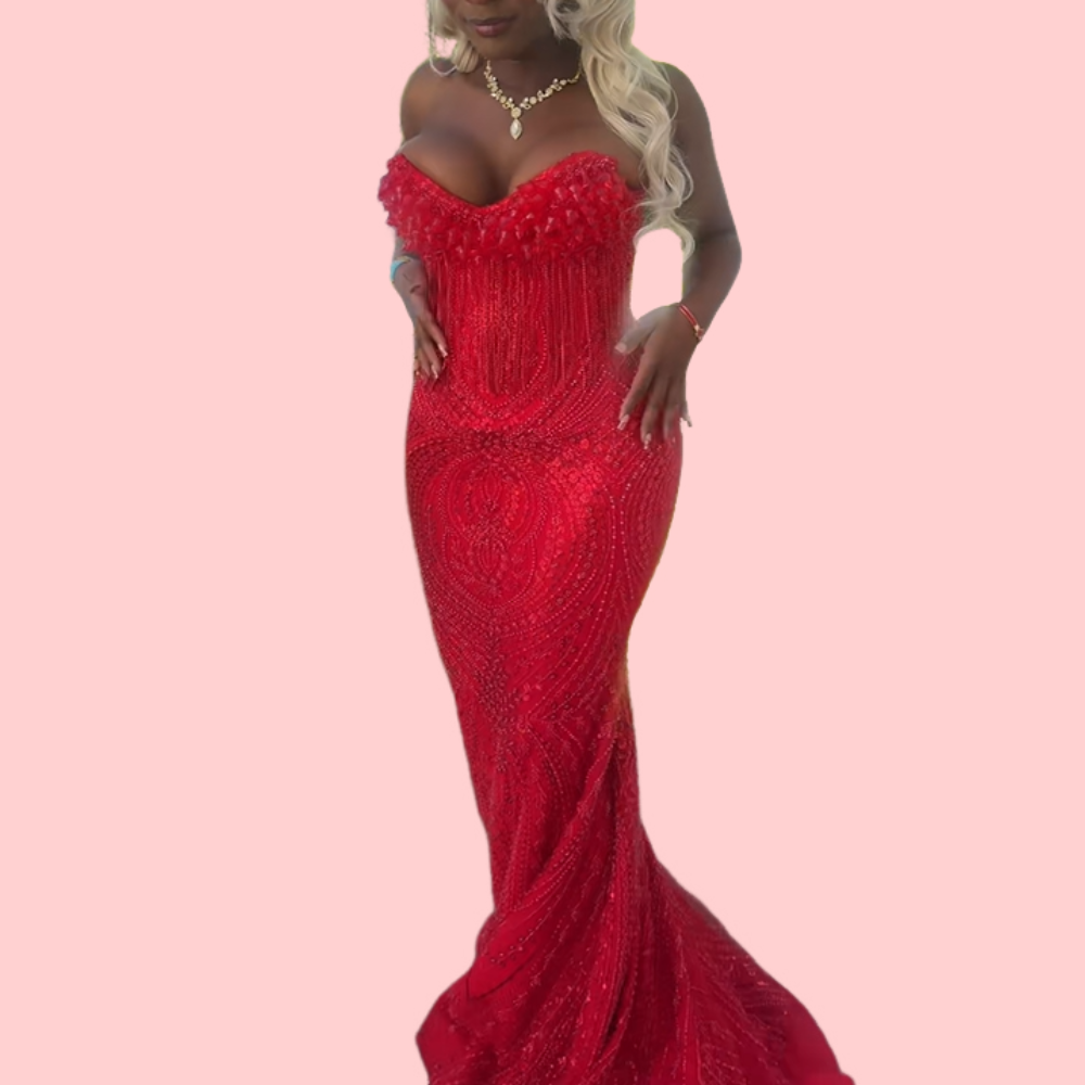 Red Rhinestone Fringe Strapless Maxi Dress