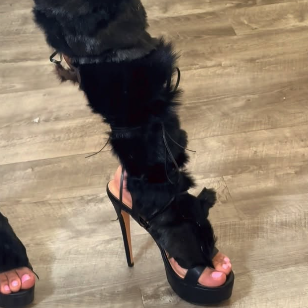 Black Faux Fur Strap High Heels