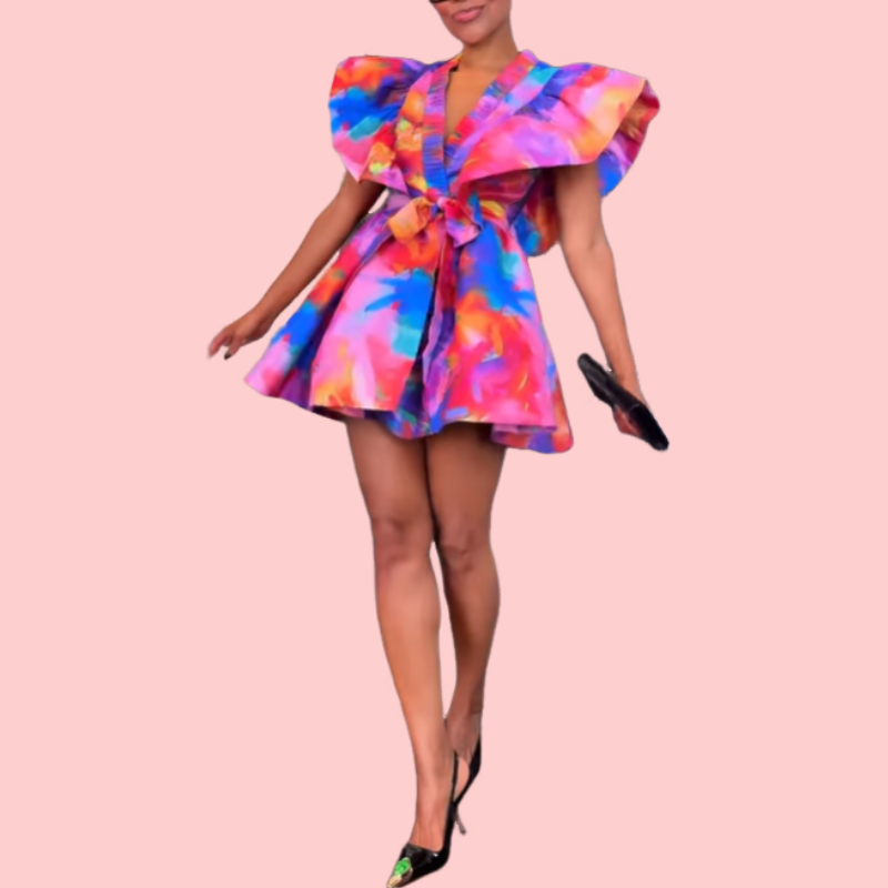Colorful Tie-Dye Bow Mini Dress