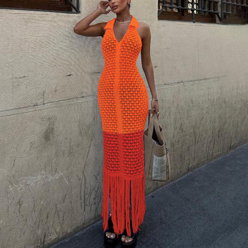 Sleeveless V- Neck Cutout Fringe Maxi Dress