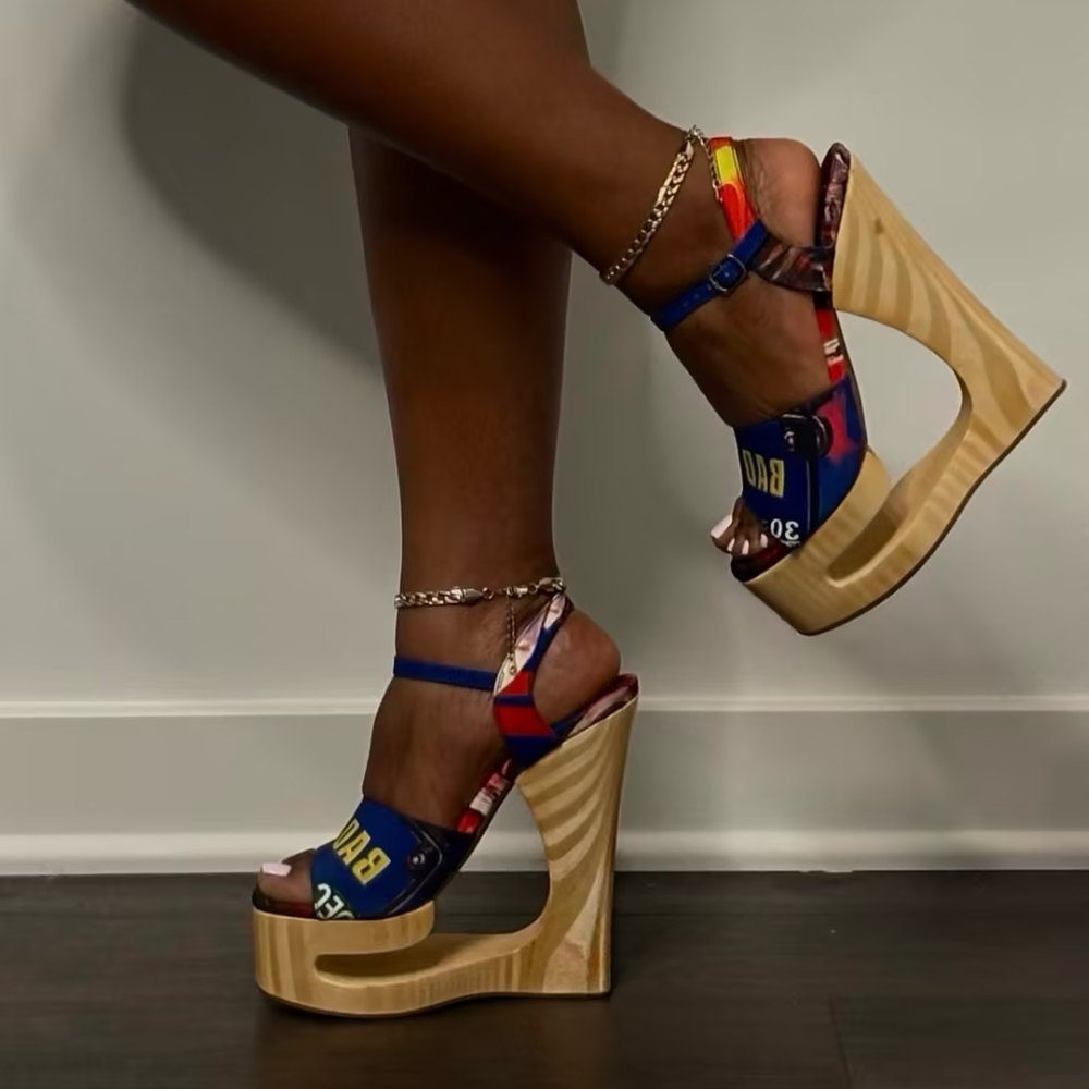Wooden Carved High-Heeled Sandals