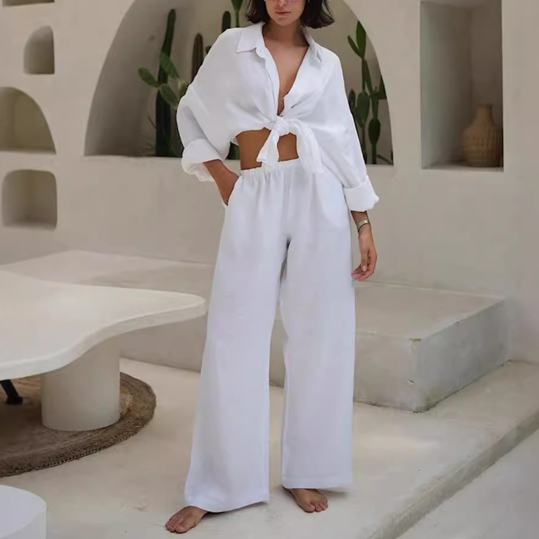 Solid-Color Long-Sleeve Shirt and Pants Set