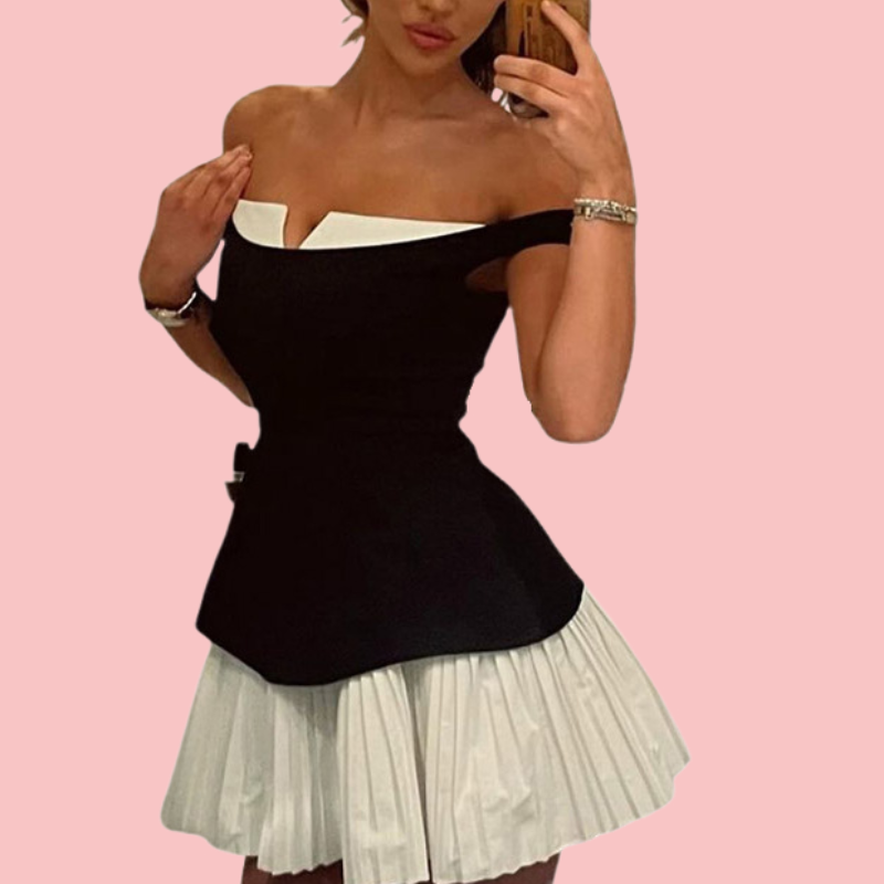 Black & White Patchwork Pleated Mini Dress