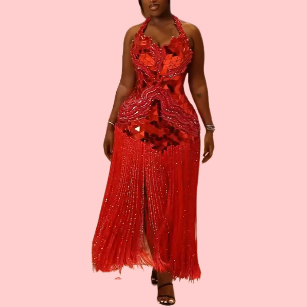 Red Rhinestone Fringe Halter Dress