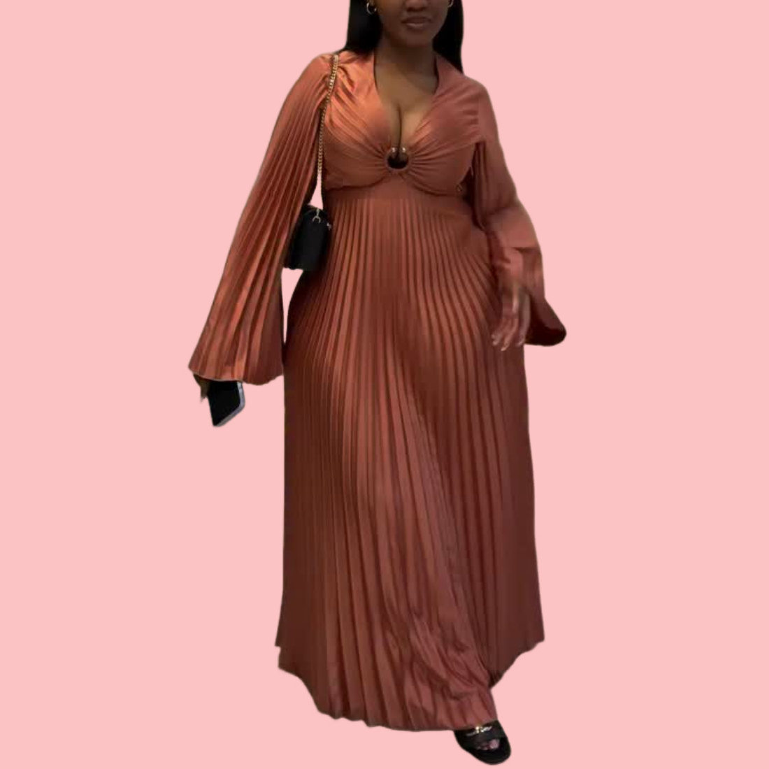 V-Neck Pleated Maxi Dress