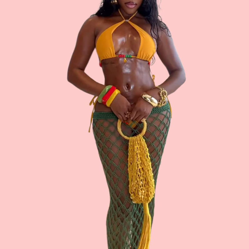 Yellow Bikini + Green Mesh Skirt Set
