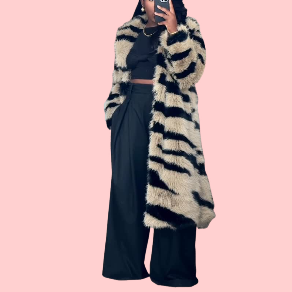 Striped Faux Fur Long Coat