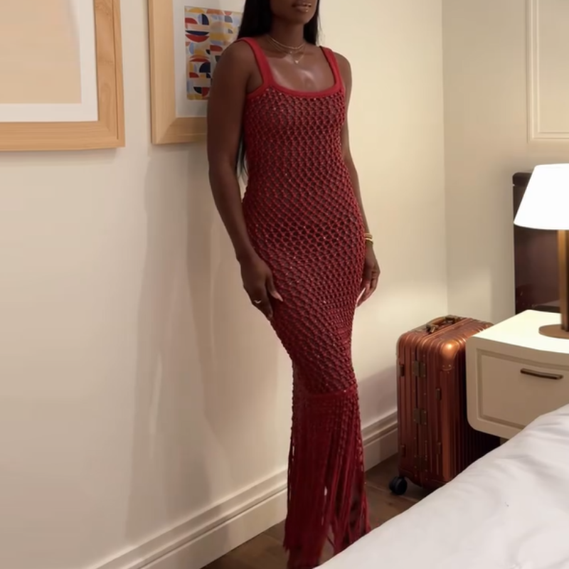 Red Hollow-Cut Fringe Maxi Dress