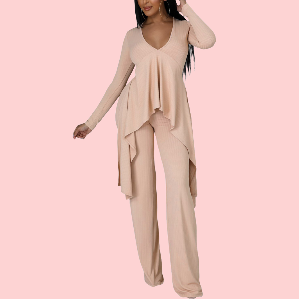 Solid-Color V-Neck Ribbon Two-Piece Set