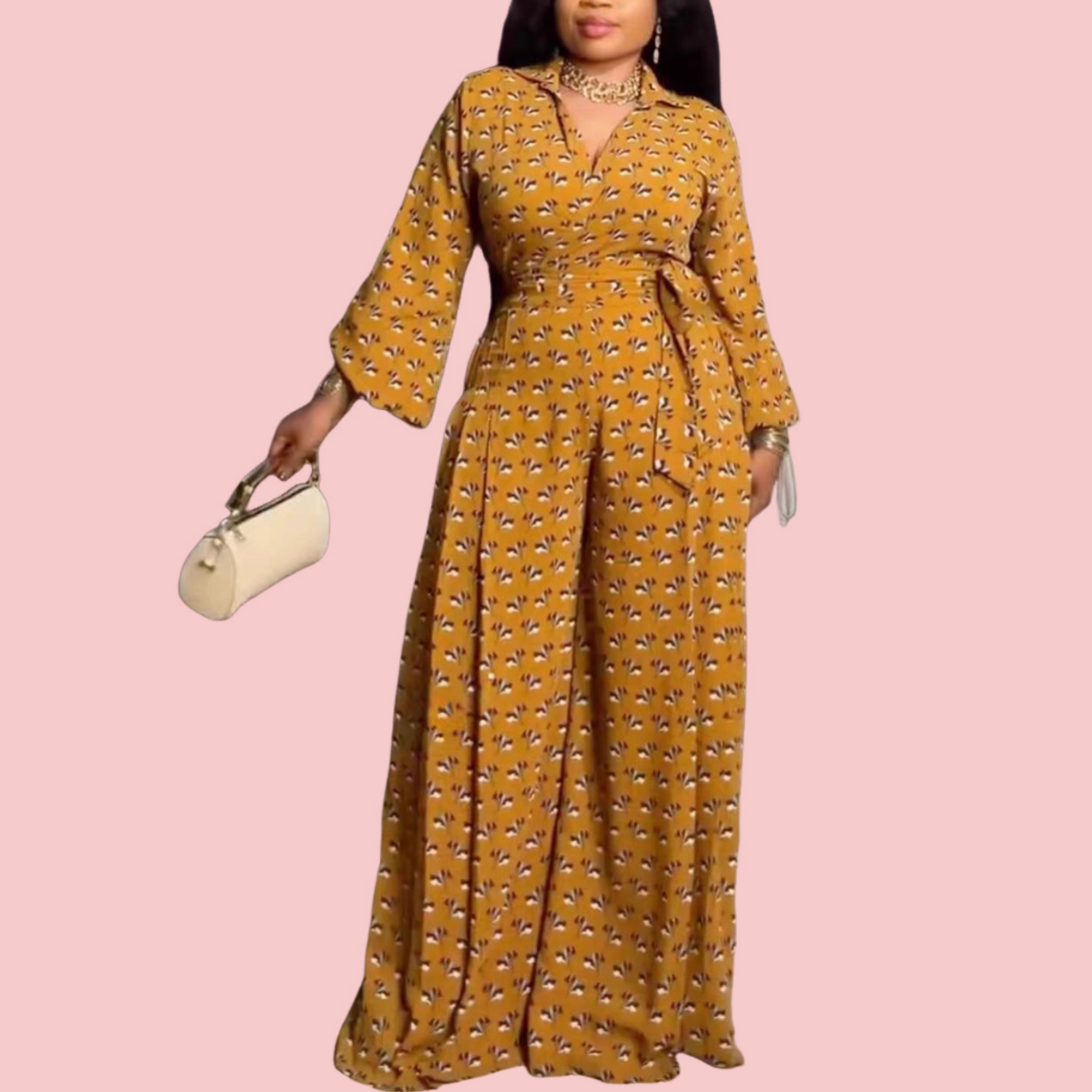 Yellow Printed Crop Top & Wide-Leg Pants Set