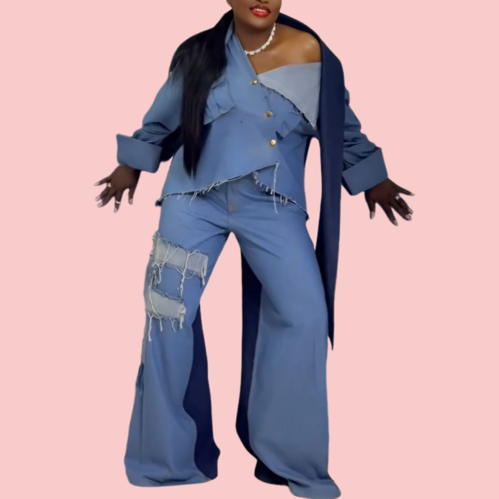 Blue Patchwork Destroyed Two-Piece Set