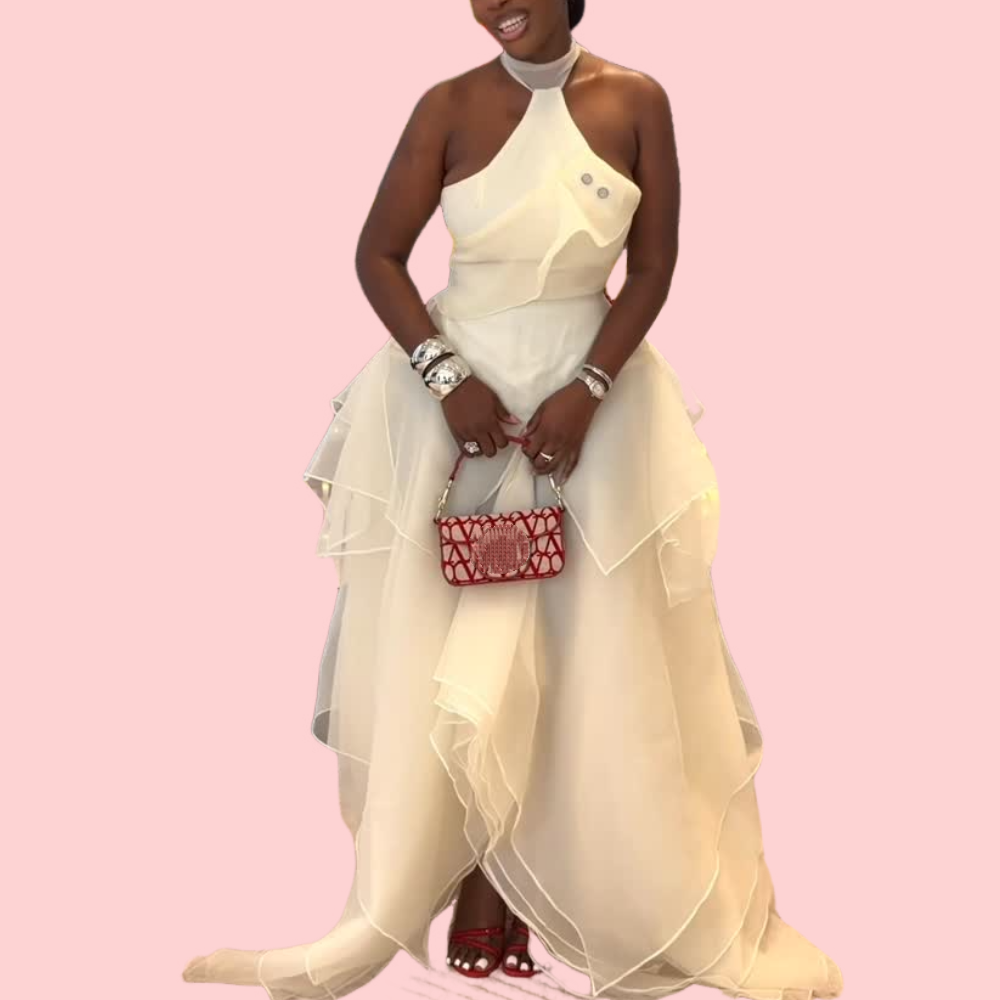 Layered White Halter-Neck Maxi Dress