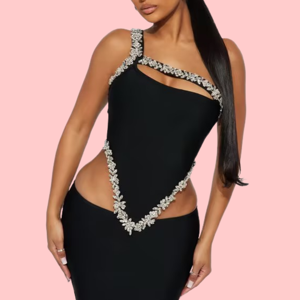 Black Rhinestone One-Shoulder Lace-Up Maxi Dress