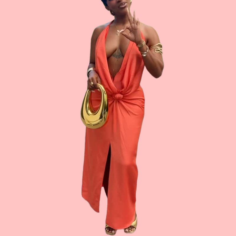Sexy Orange V-Neck Maxi Dress