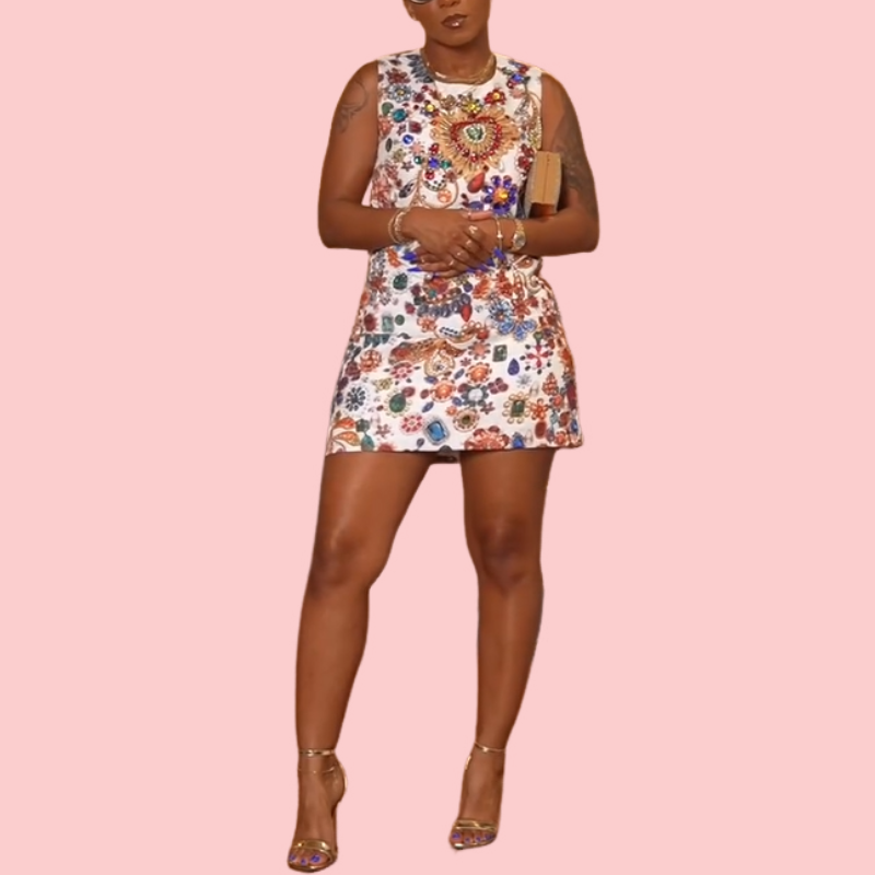 Colorful Rhinestone Embroidered Mini Dress