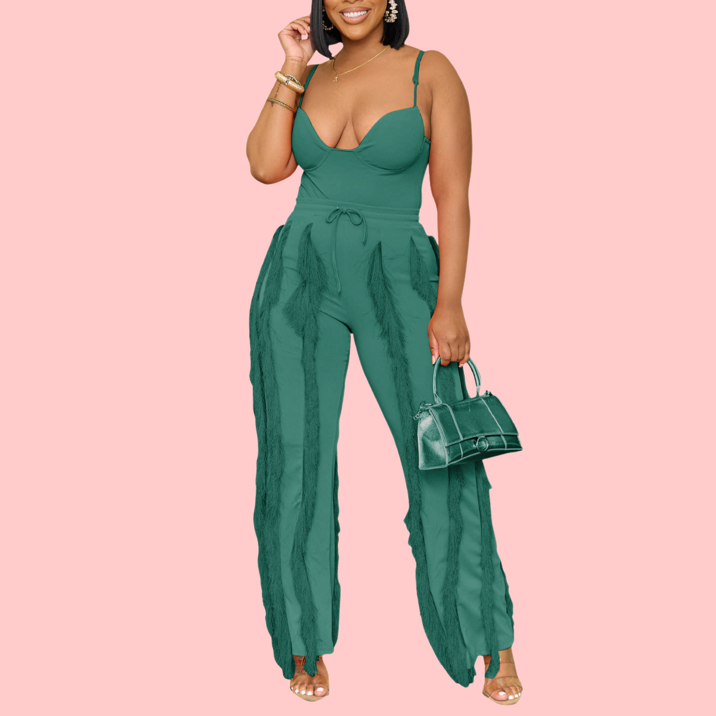 Solid-Color Strapless Top & Fringe-Trimmed Pants Set