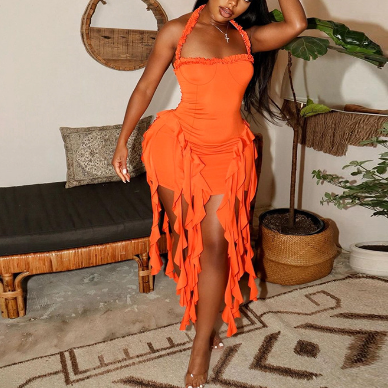 Solid-Color Halter Neck Flutter-Trim Maxi Dress