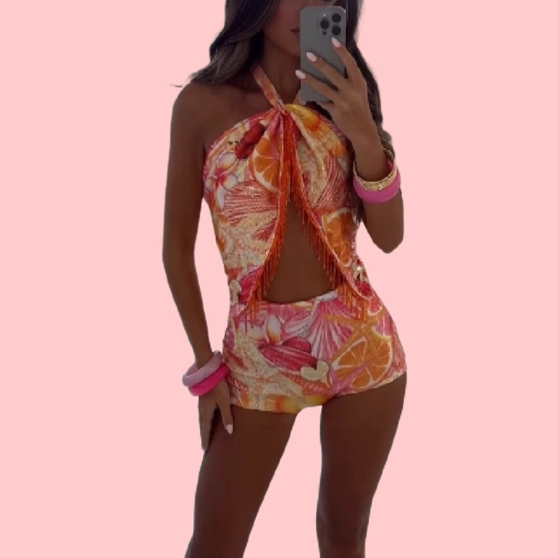 Printed Tassel Hanging Neck Top & Shorts Set