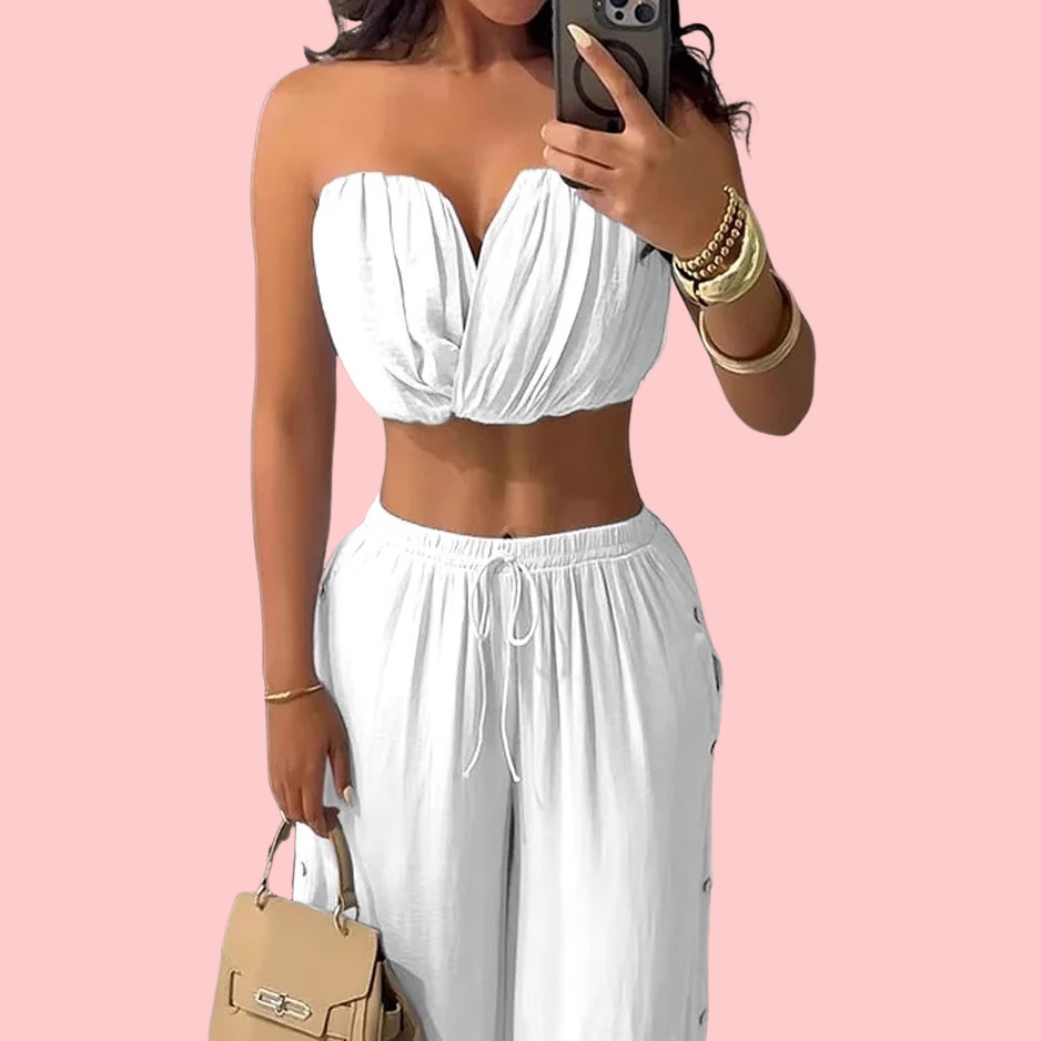 Solid Color Sheath Top & Wide Leg Pants Set