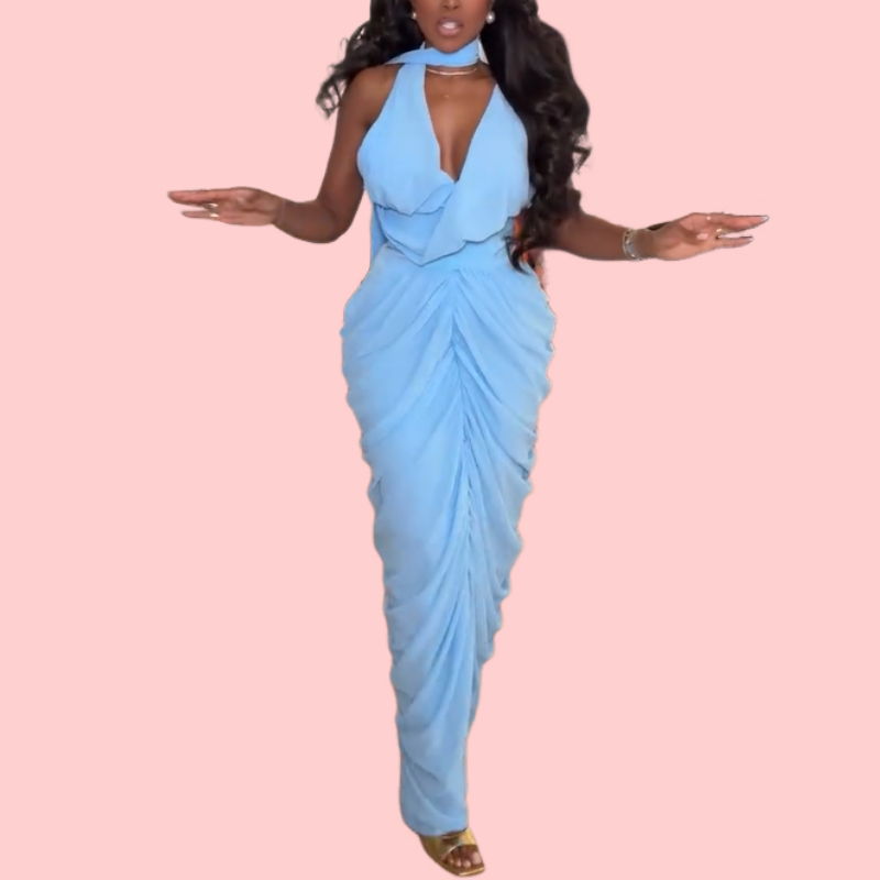 Blue V-neck Mesh Pleated Maxi Dress