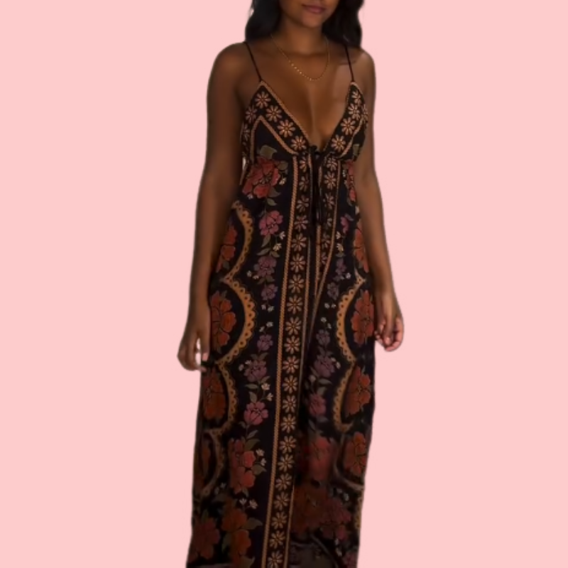 Black Floral Print Halter Maxi Dress