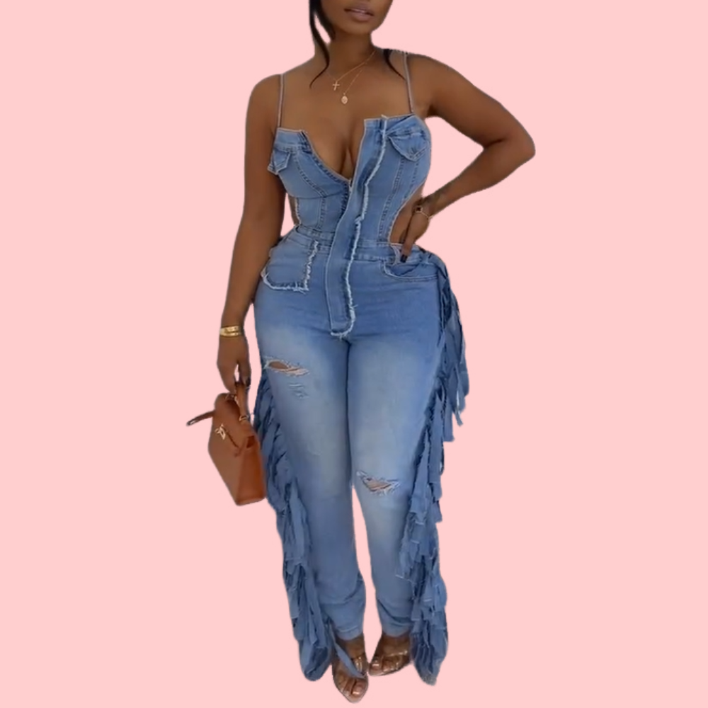 Blue Denim Distressed Fringe Jumpsuit