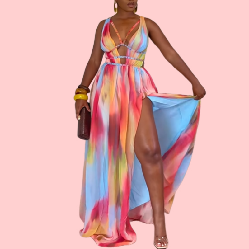 Colorful Suspender Hollow Split Maxi Dress