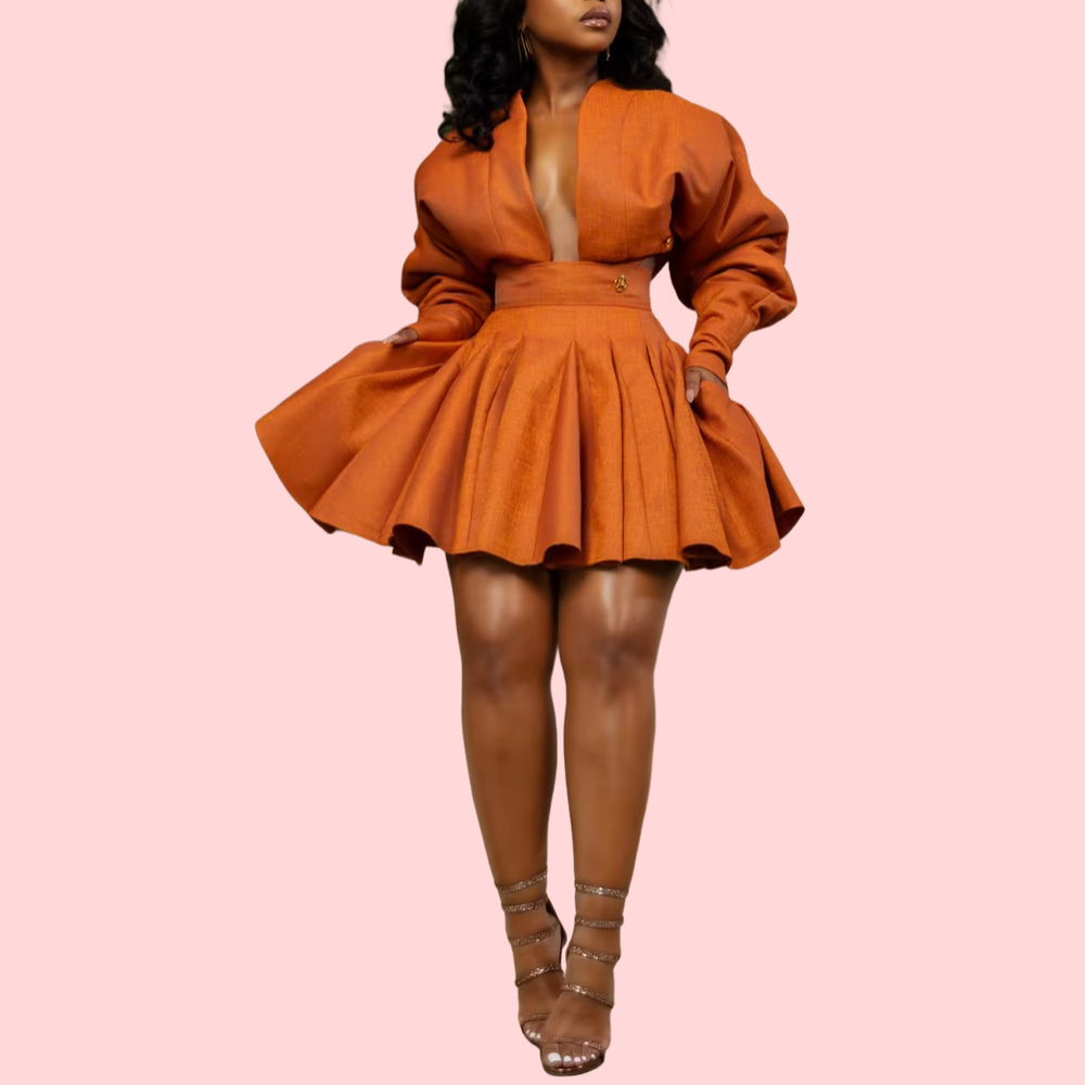 Orange Long-Sleeve Blouse & Skirt Set
