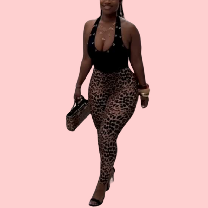 Black Halter-Neck Leopard-Print Patchwork Jumpsuit