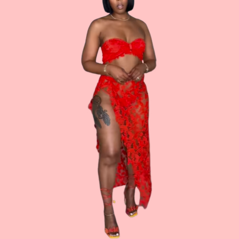 Floral Cutout Sheath Top & Skirt Set