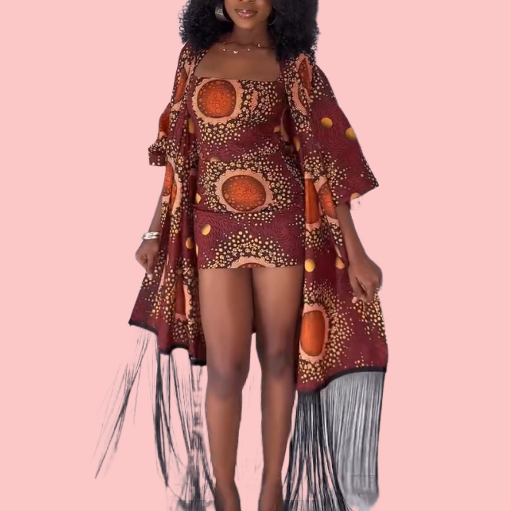 Red Floral Printed Shawl & Dress Set