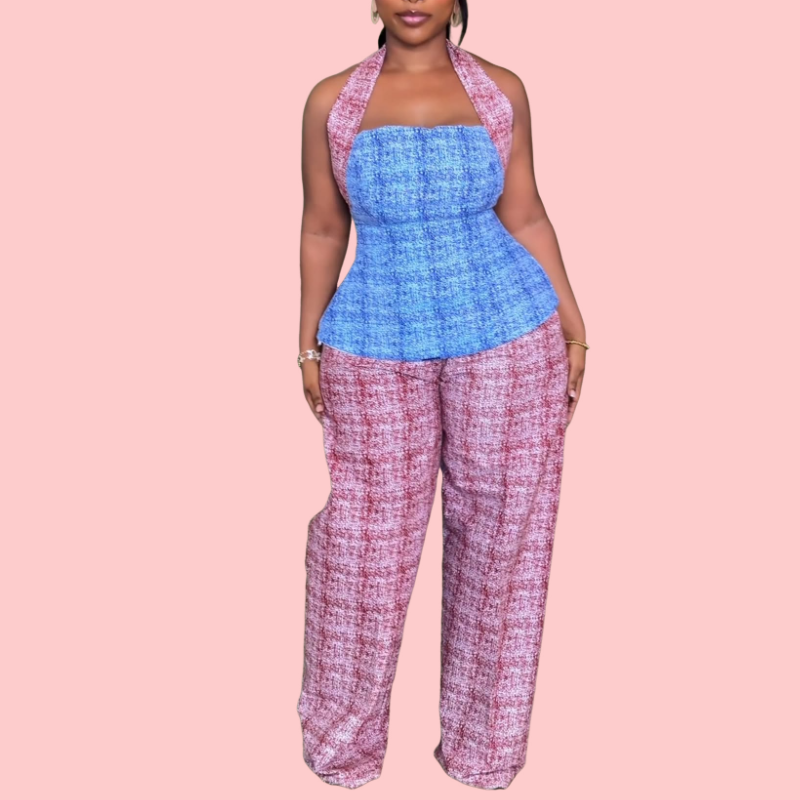 Hanging Neck Colorblocked Tweed Top & Pants Set